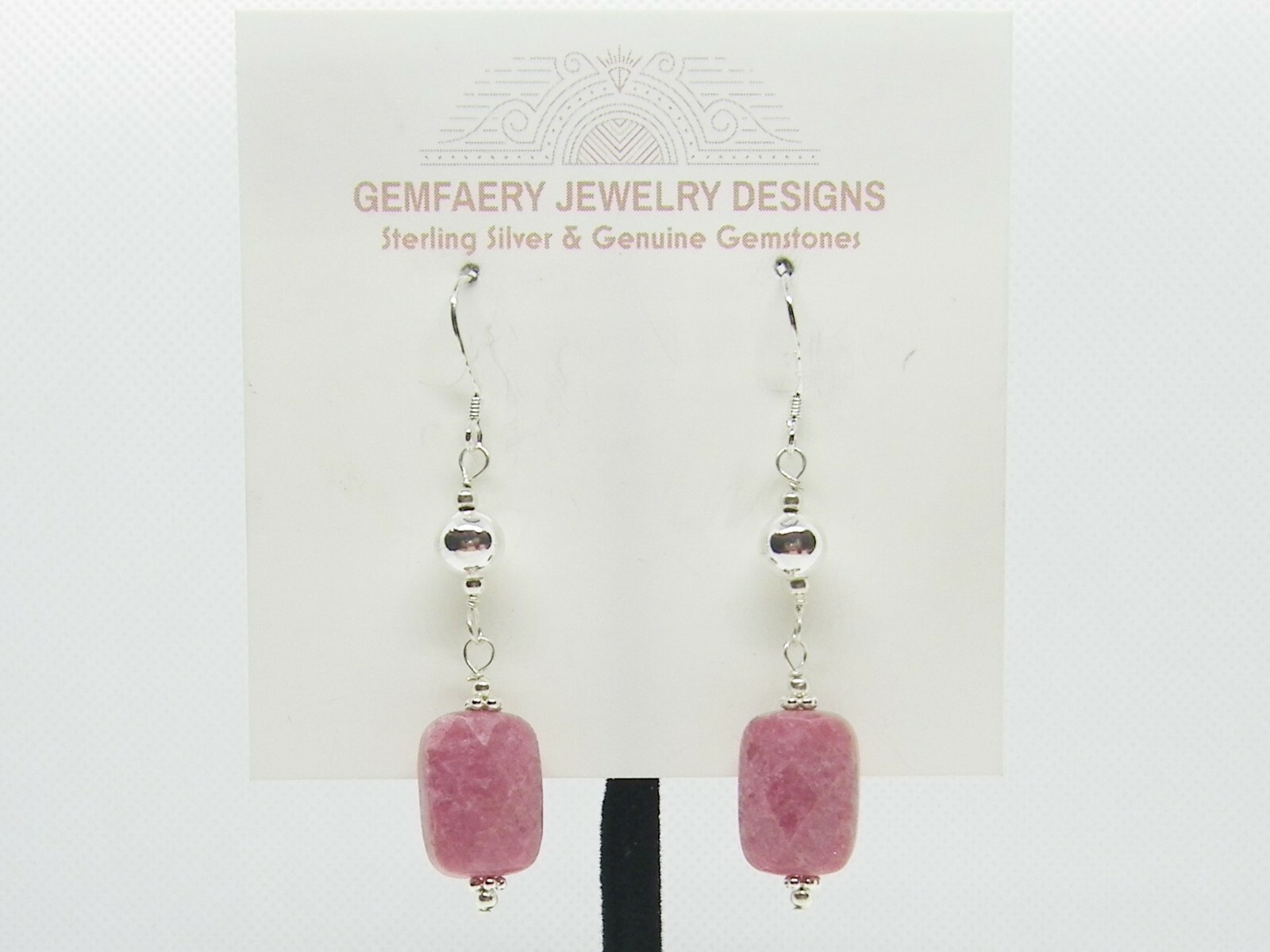 Sterling Silver Natural RHODONITE Gemstone Long Dangle Earrings…Handmade USA