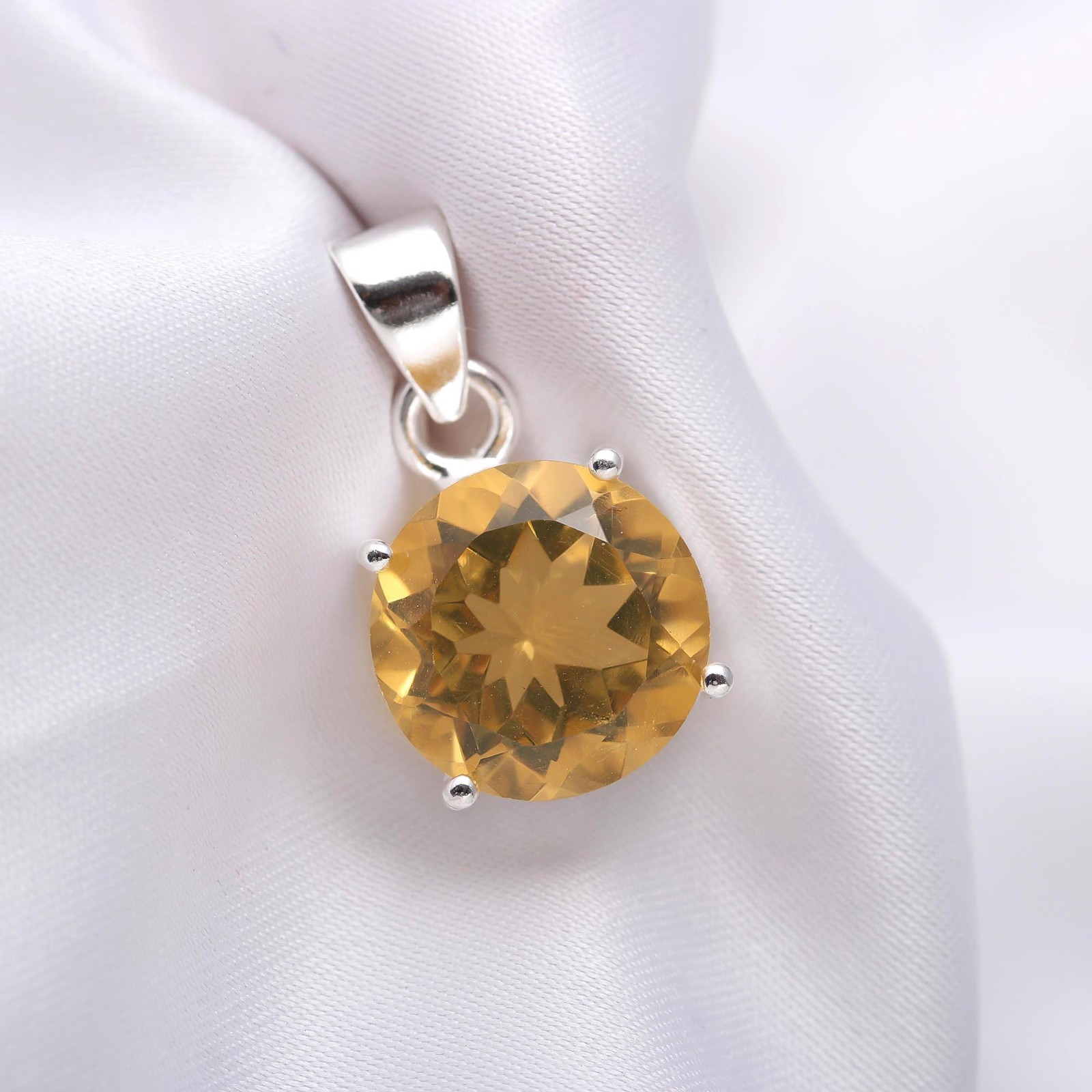Natural Citrine Quartz Round Pendant 925Sterling Silver Handmade Jewelry For Her