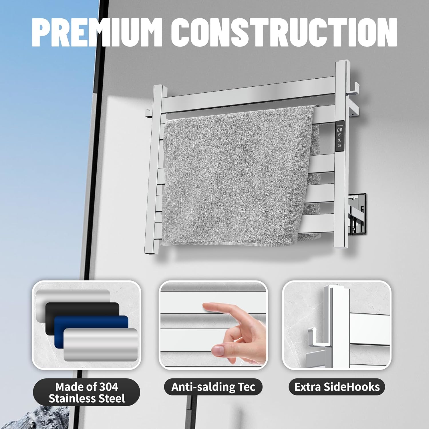 5-Bar Wall-Mounted Towel Warmer with Timer & Waterproof Electric Heater