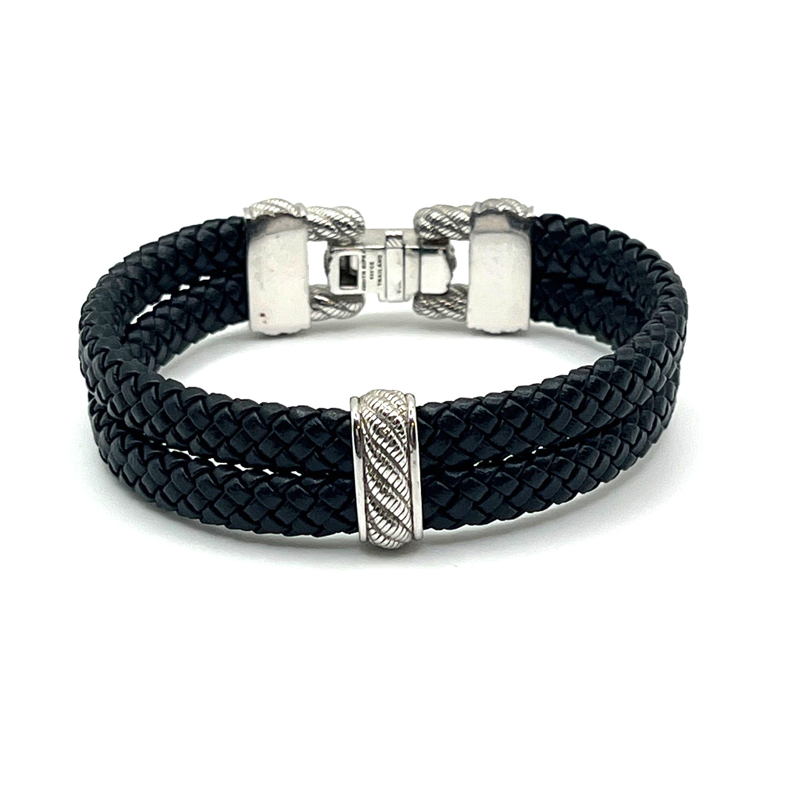 Judith Ripka Bracelet Sz 6.5 Link Black Leather CZ Sterling 925 Push Lock Latch