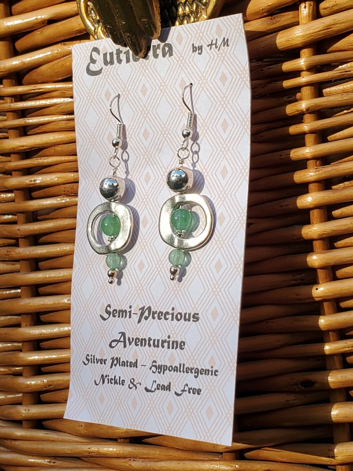 Eutierra Semi-Precious Aventurine Earrings Hand Crafted In USA Silver Plated 2″