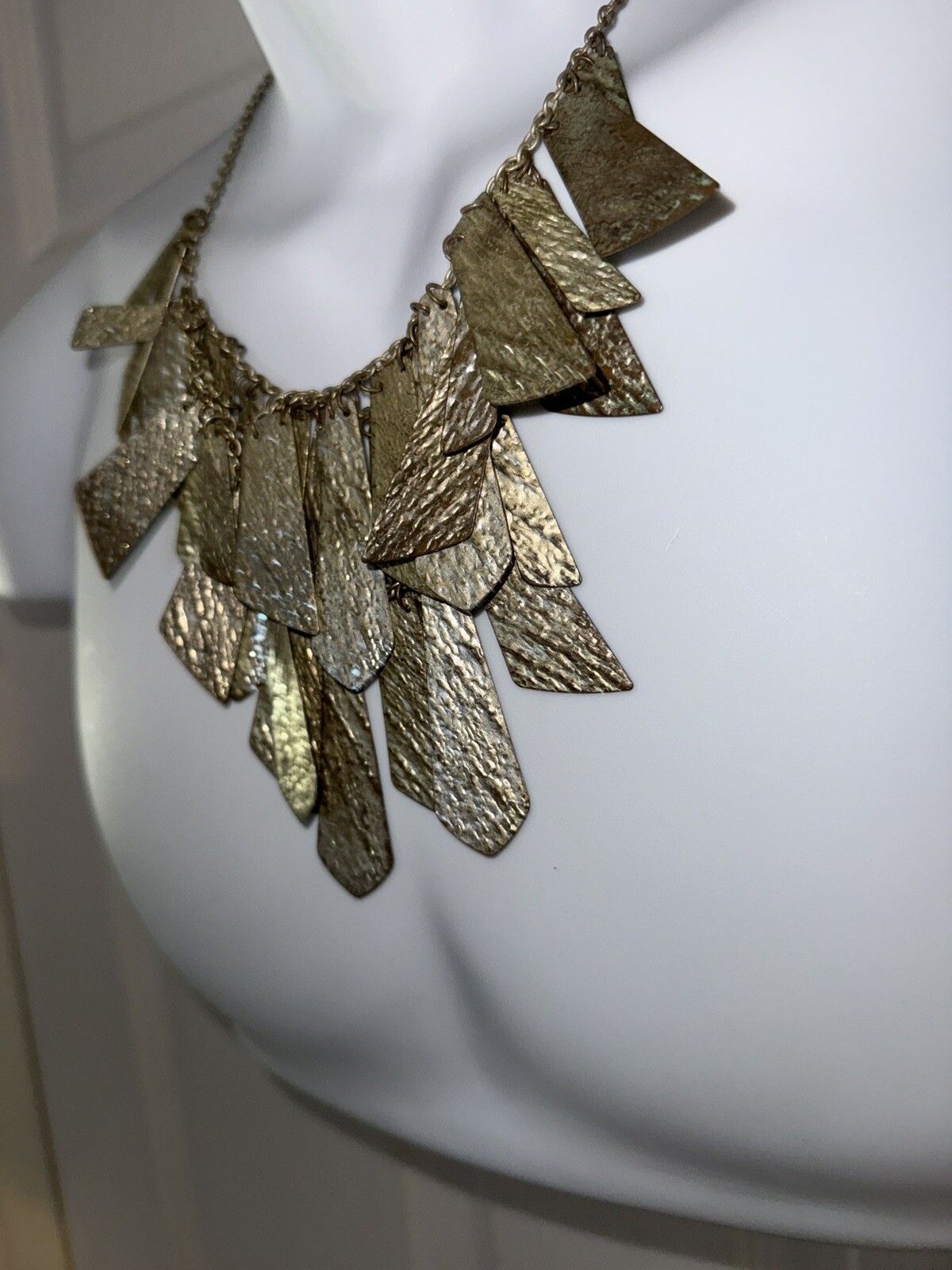 Silver Toned Bib Type Hammered Metal Charm Necklace adjustable