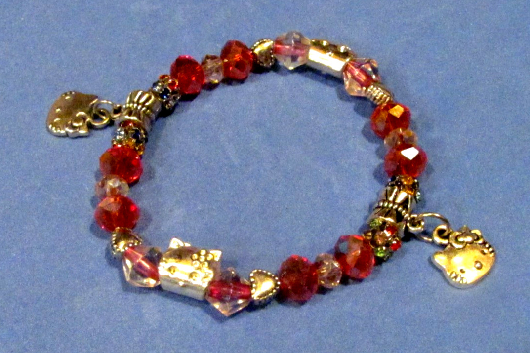 Hello Kitty Bracelet with Red & Pink Crystal, Glass Beads, Stretch Design