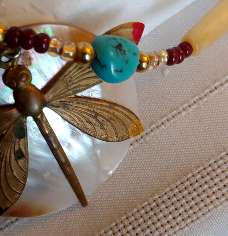 Dragonfly Necklace / Abalone-Brass-Turquoise-Simulated Bone 20”