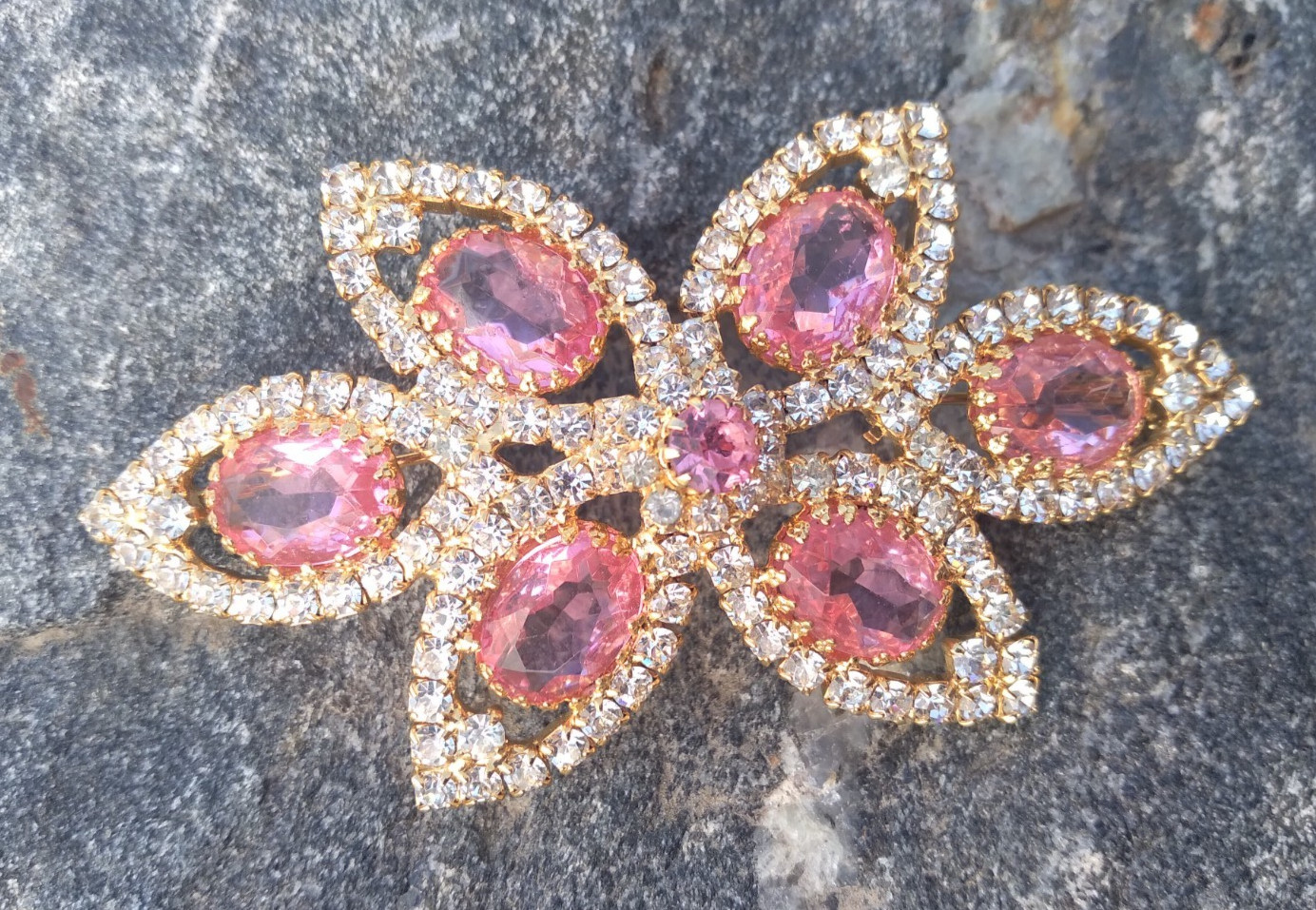 Sparkly Pink Rhinestone Brooch Gold Tone Statement 3.75 in Vintage