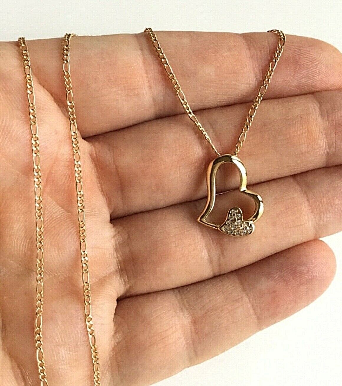 18K GOLD FILLED CZ HEART LOVE NECKLACE 20″ LONG/CADENA DE CORAZON 20″- 18x14mm