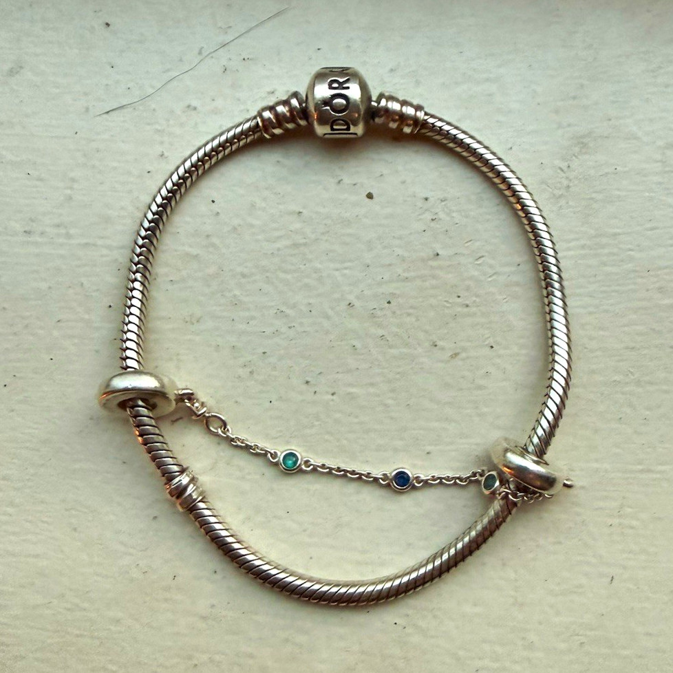 Signed 925 Sterling Silver Snake Chain Charm Bracelet + Safety Chain
