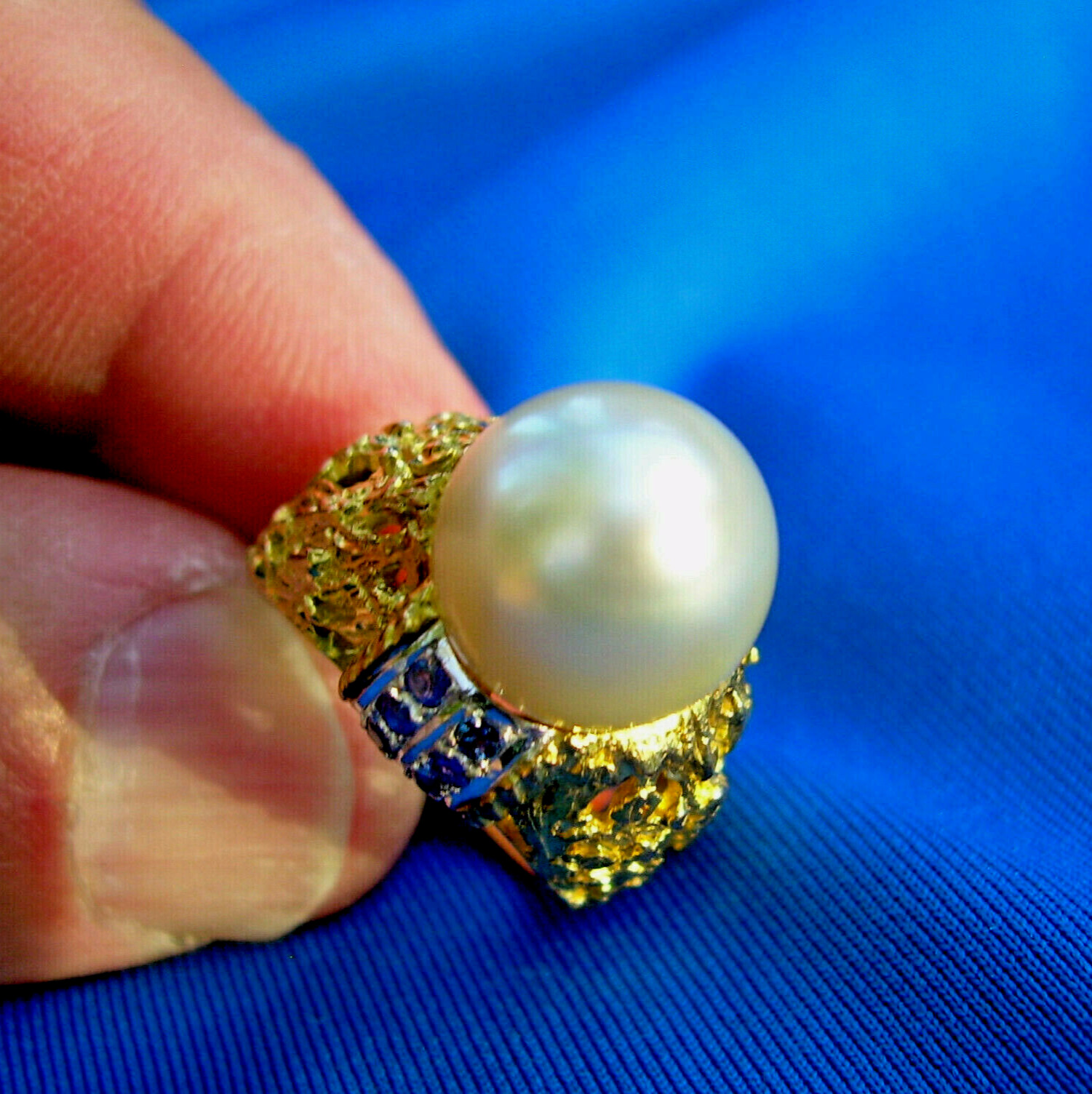 Original Pearl Sapphire Engagement Statement Ring Deco Cocktail Style 14K GOLD