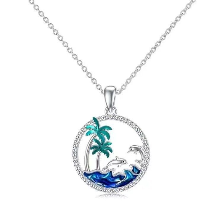 925 Sterling Silver Dolphin Palm Tree Necklace Ocean Beach Enamel Pendant Gift