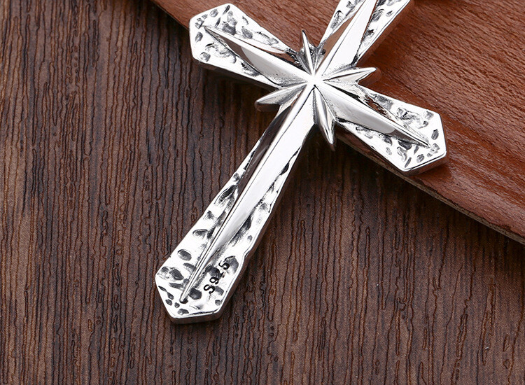 S925 Silver STARBURST CROSS Pendant Textured Hammered Mens Large HEAVY 16g
