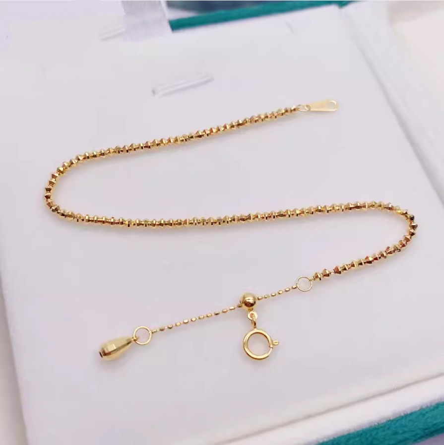 Solid 18K Yellow Gold AU750 Laser Beads Bracelet Bangle Chain Adjust 16-18cm
