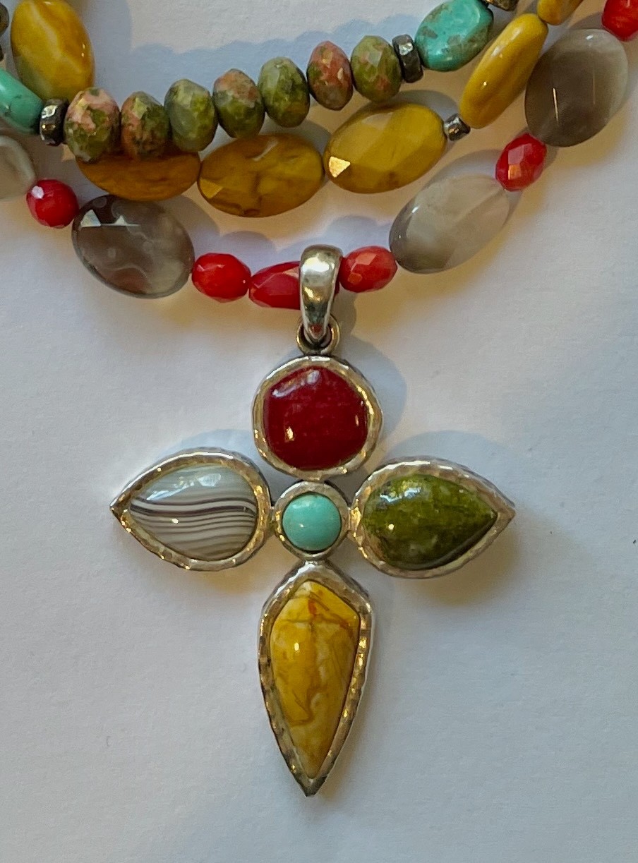 VINTAGE BARSE 925 Sterling Silver MULTI STRAND GEMSTONE Cross Necklace Earrings