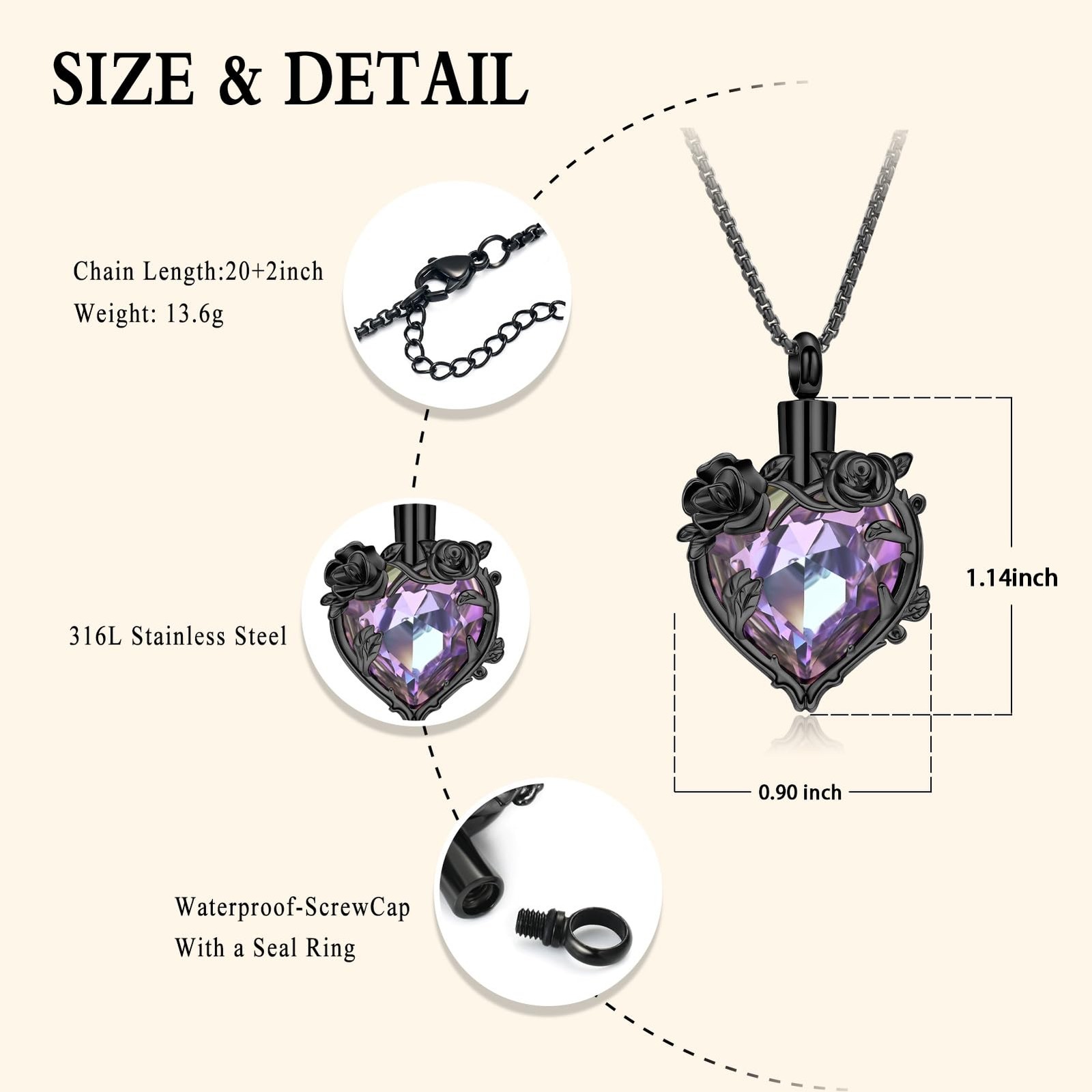 Rose Flower Cremation Urn Necklace for Ashes Heart Crystal Memorial Jewelry f…