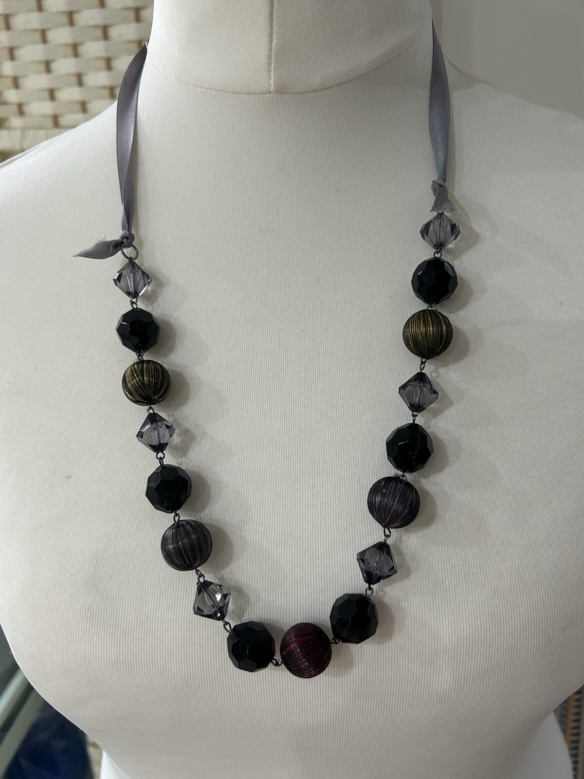 Boho Antique Designer Look Black & Multicolour Necklace Covered Bead Ribbon
