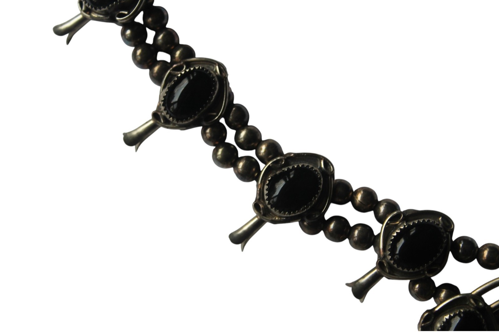 Vintage Silver Tone Black Onyx Squash Blossom Statement 24in Western Nickle