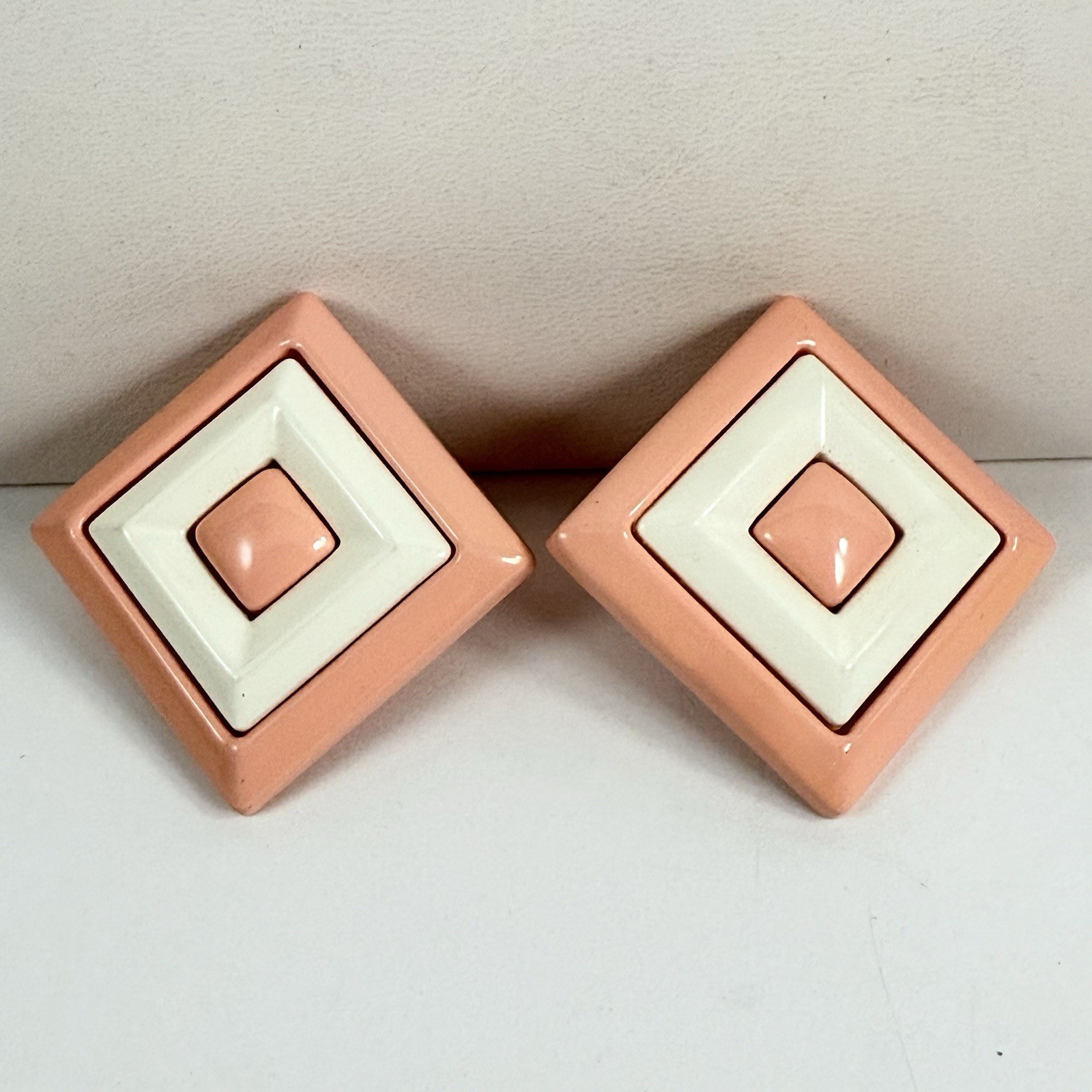 Vintage Pink & White Square Plastic Resin Pierced Earrings