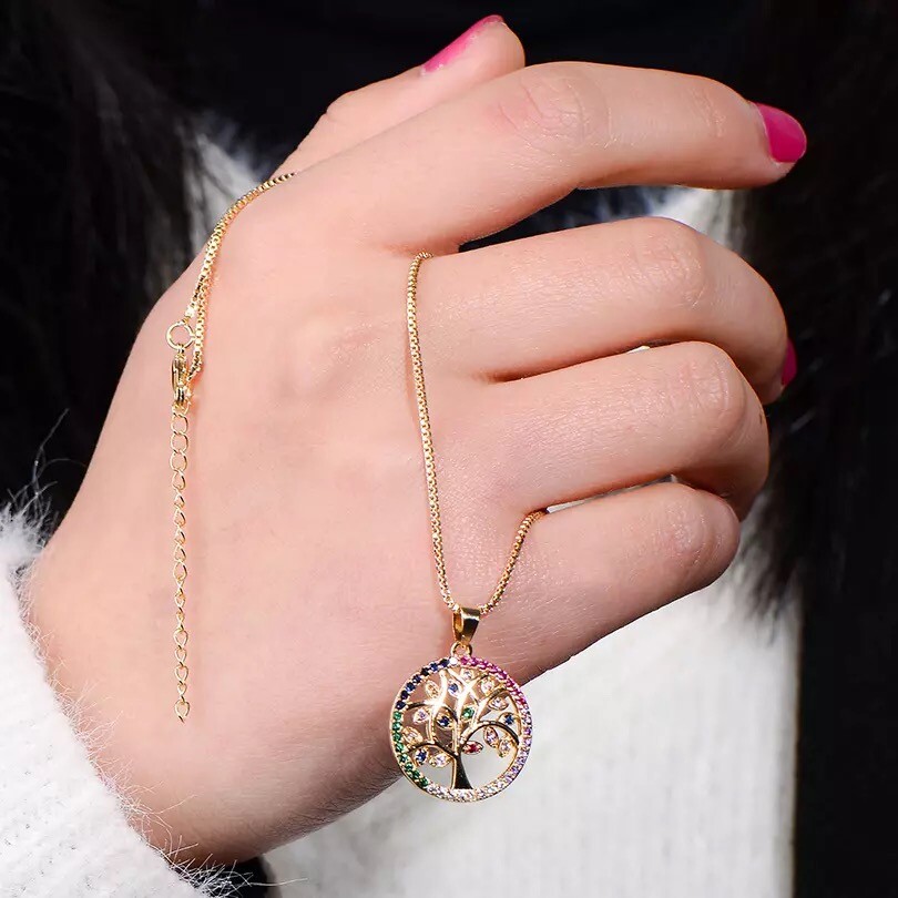 ZARD 12K Gold Plated Family Tree Pendant Muti-Color CZ Tree of Life Necklace