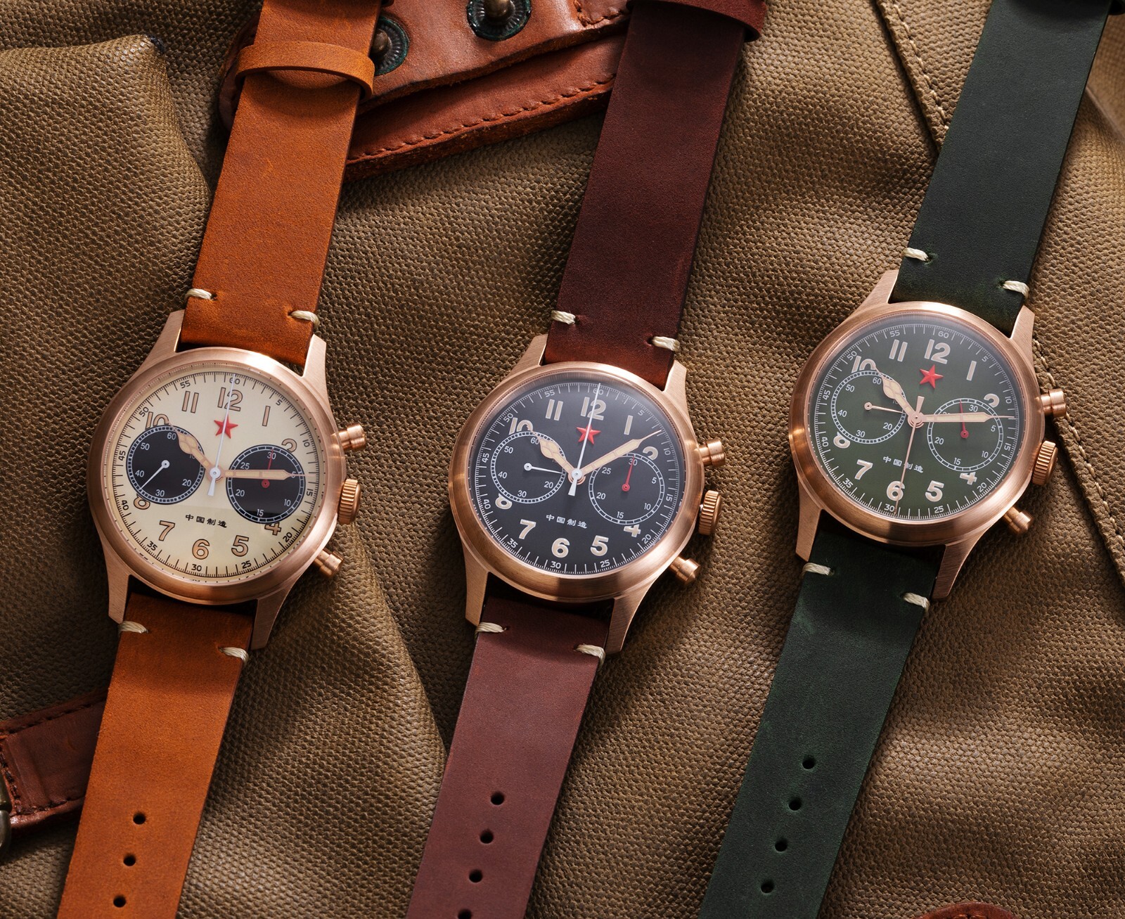 RED STAR 1963 Bronze Cusn8 SEAGULL ST19 Chronograph Watch 40mm Swan Neck 50M C3