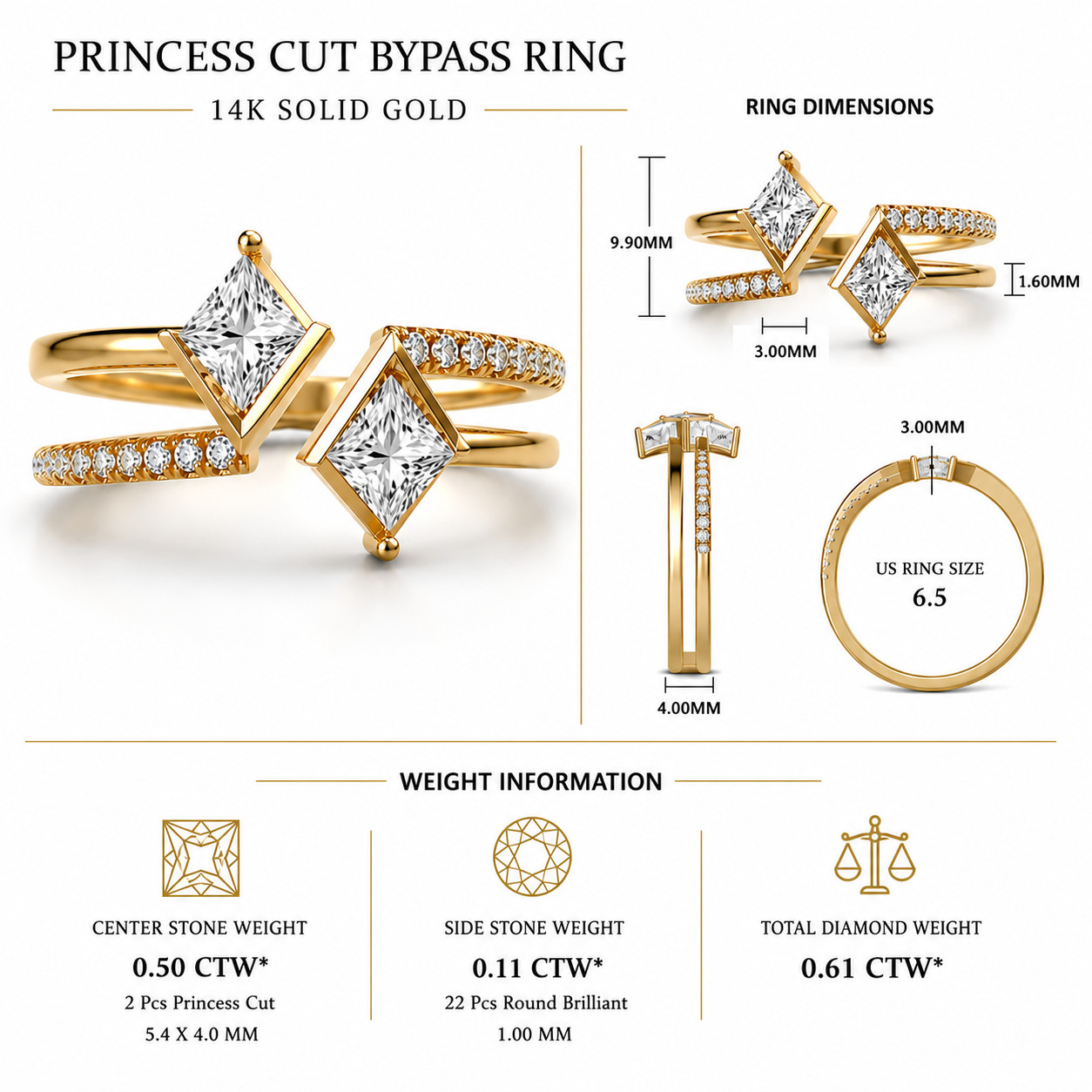 Open Bypass Ring Kite & Round Lab Grown Diamond Pave Setting Stackable Ring
