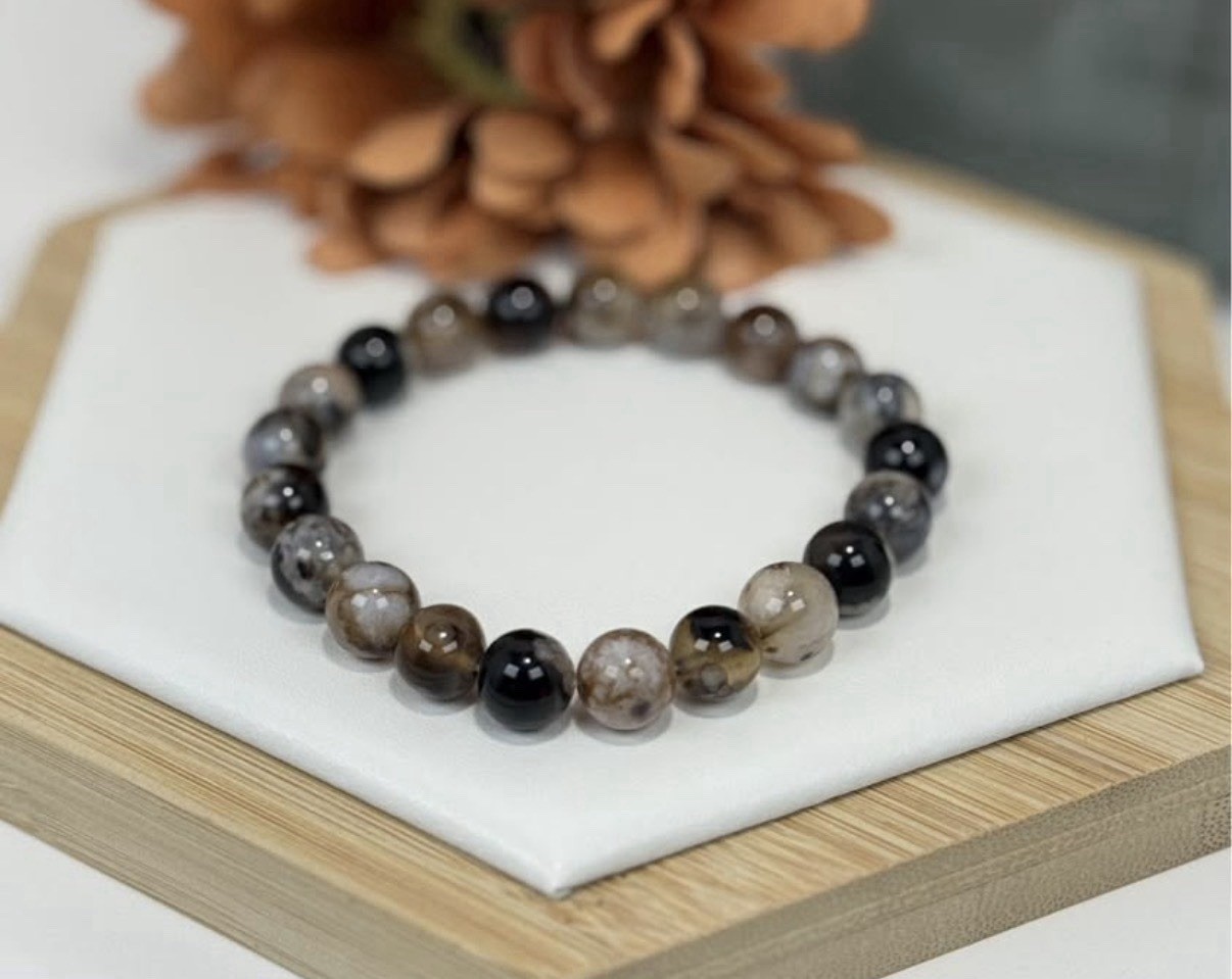 Flower Agate Black Bead Bracelet 9.7MM