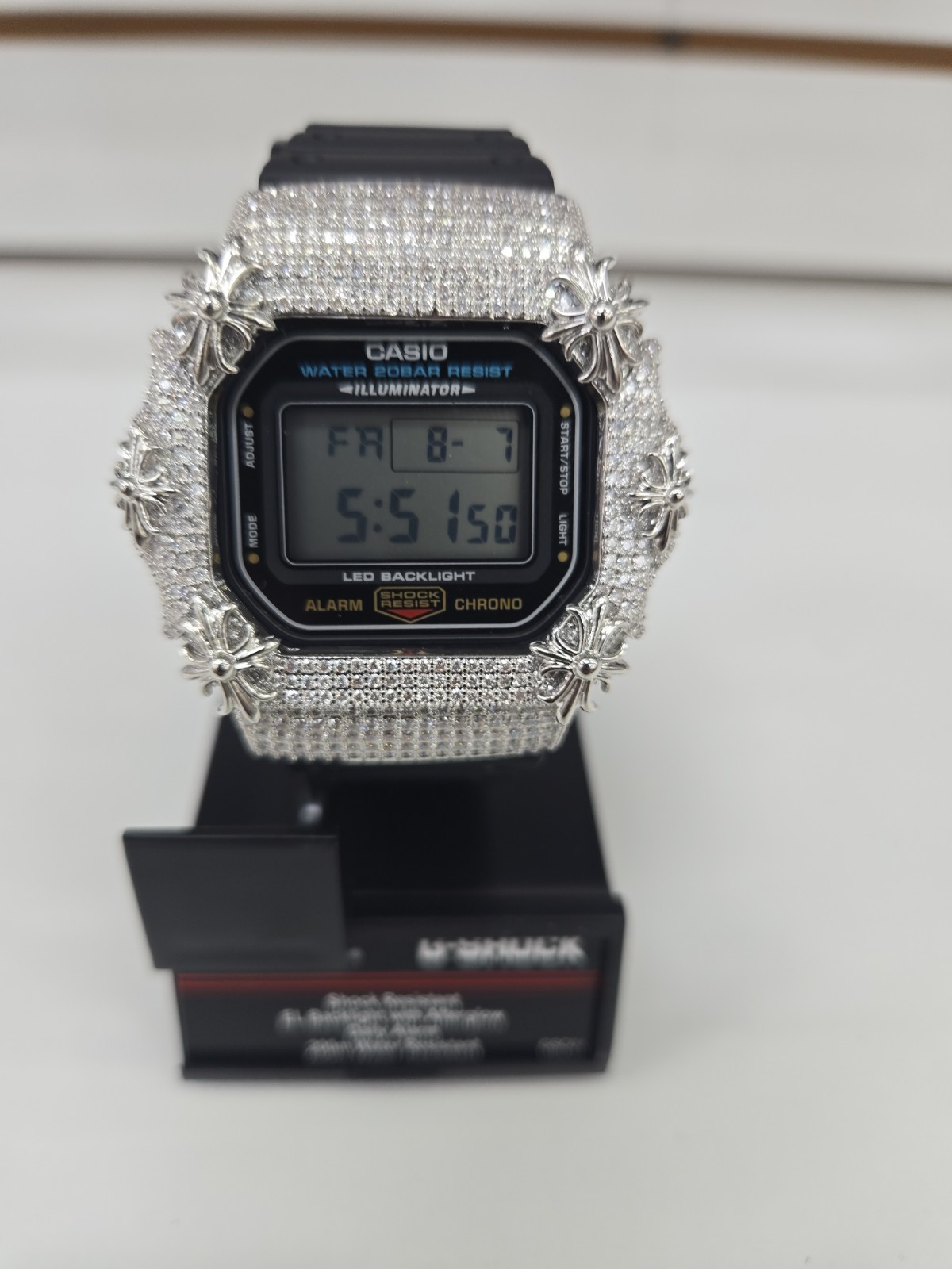 Moissanite G Shock Watch Casio 5600 Model Black Color Band Silver Color Bezel