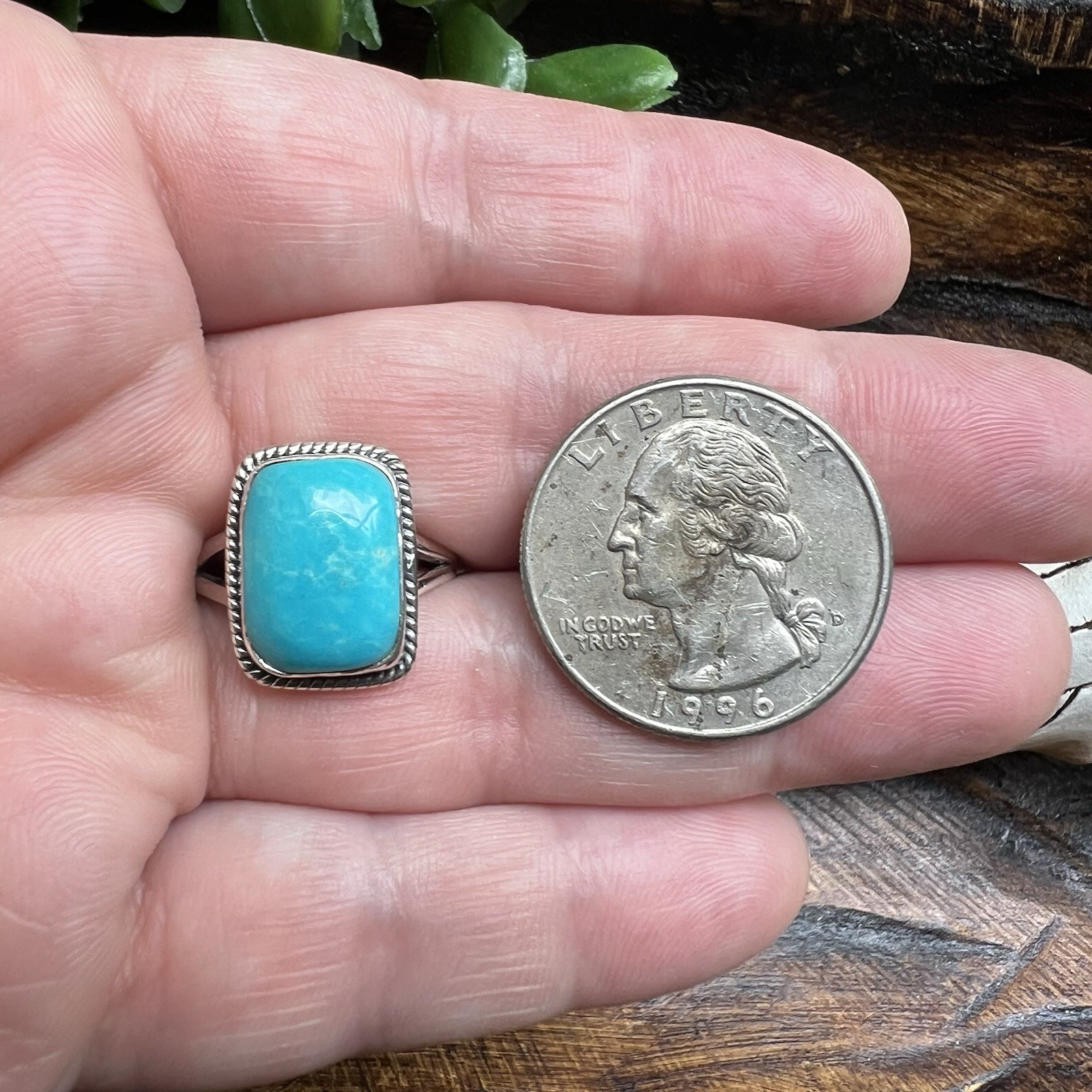 925 Sterling Kingman Turquoise Ring Size 7.25 Rectangular Cabochon