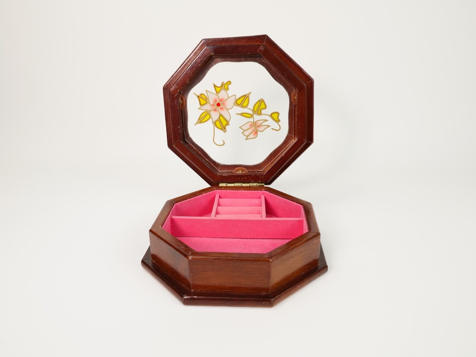 Vintage Octagonal Wood Jewelry Box with Floral Glass Top and Pink Velvet Lining