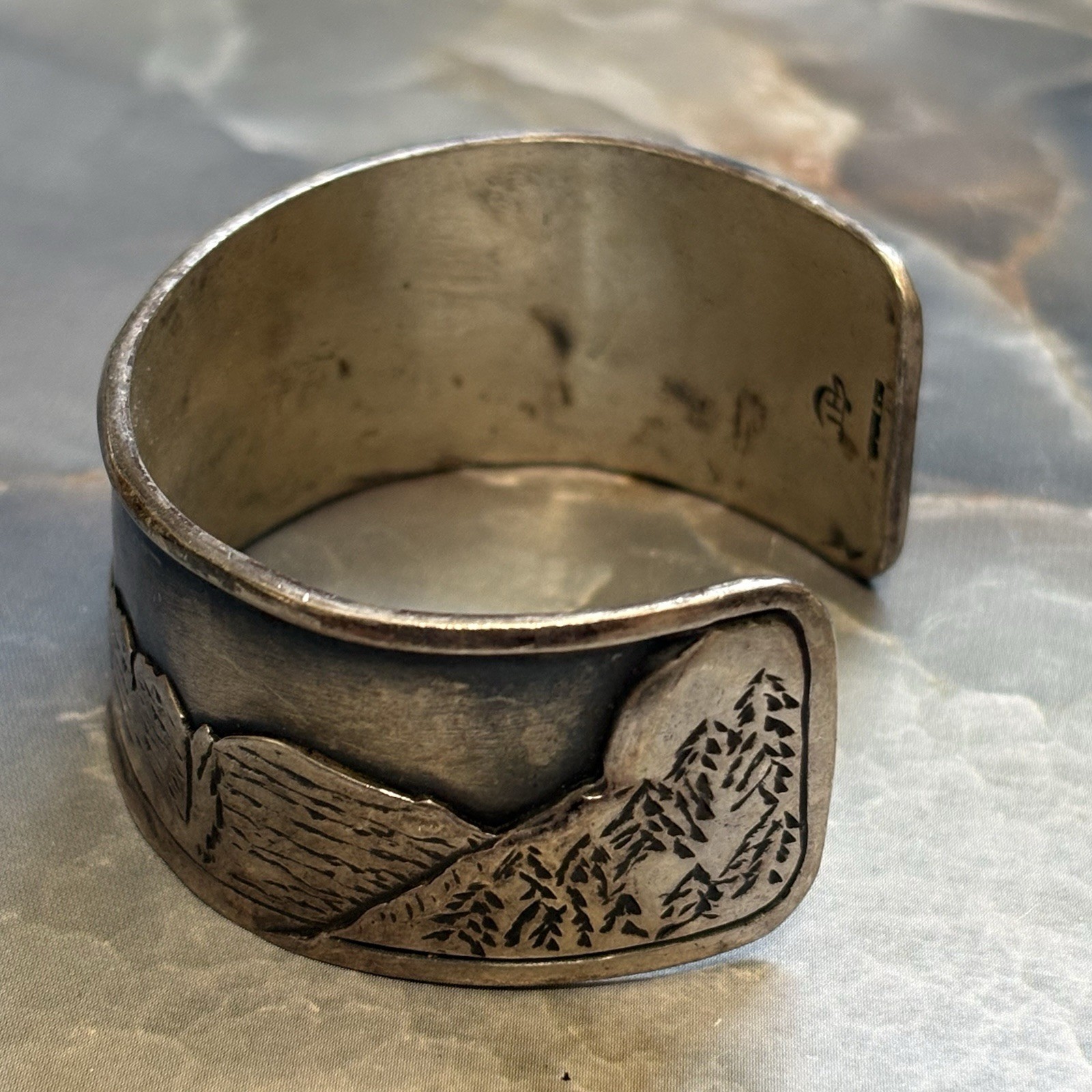 Vintage Native 925 Sterling Silver Storytelling Cuff Gold Moon JH Maker Mark