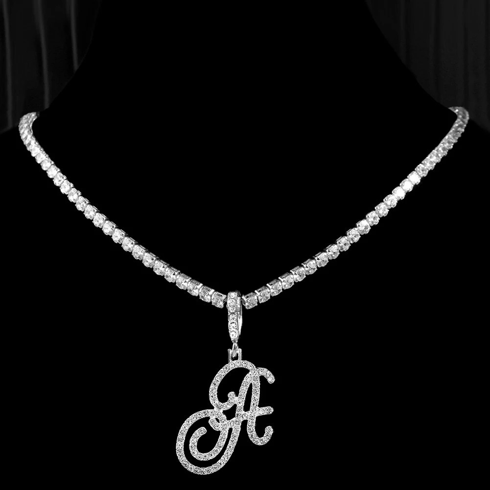Personalized Cursive Initial Name Necklace Gold Silver CZ Hip Hop Pendant