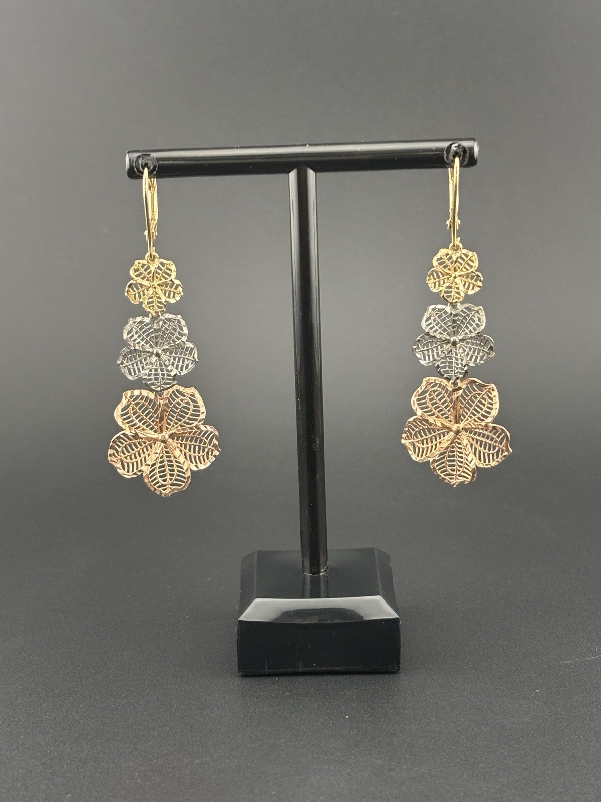 AK 925 Sterling Silver Turkey Tri Color Filigree Flower Dangle Earrings