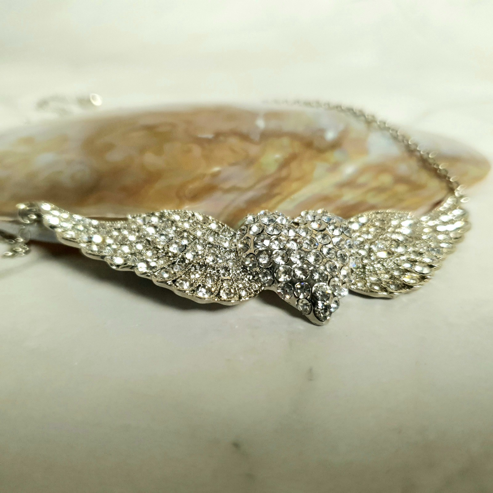 Mikey Crystal Angel Wings Heart Necklace Silver Tone Statement New Unworn Gift