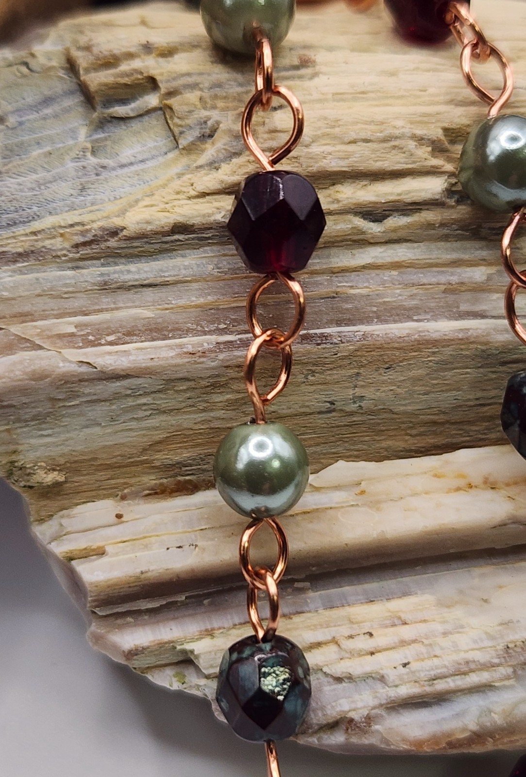 Handcrafted Copper Chain Bracelet with Czech Garnet, Sage Green and Burgundy Red