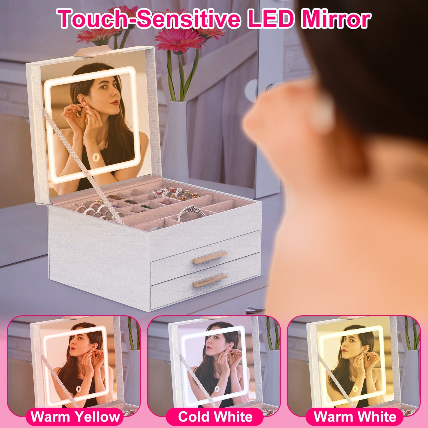 Laromni LED Mirror Jewelry Box 3-Layer Storage Women Creamy White
