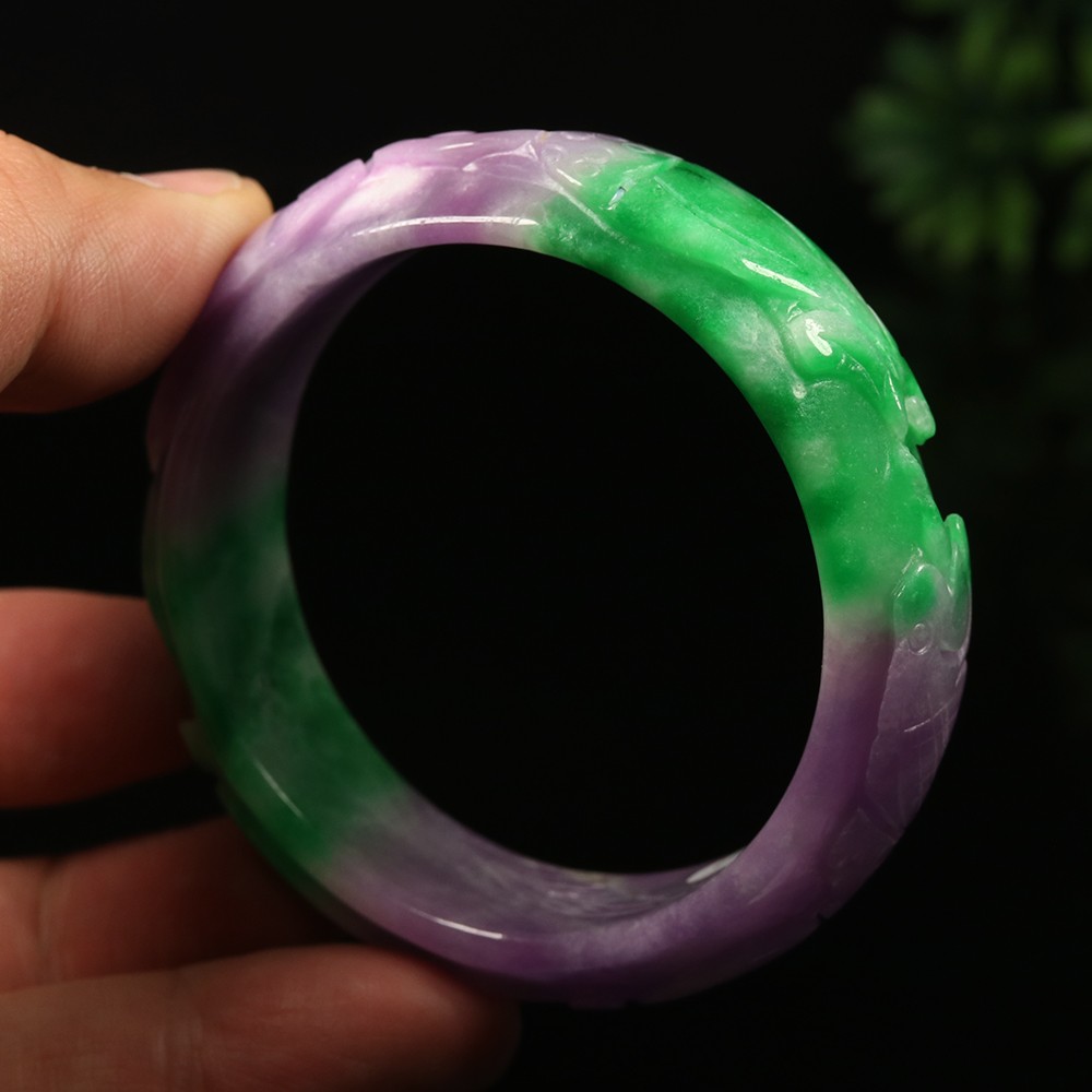 55mm Lavender Purple Green Jadeite Jade Bangle Bracelet Ruyi Fish Lotus A-14535