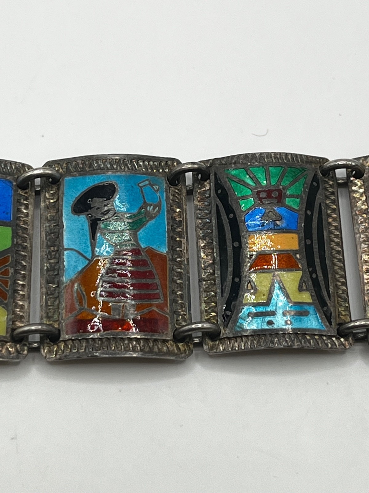 Vintage Mid-Century Peruvian 925 Sterling Silver Enamel Link Panel Bracelet 44g