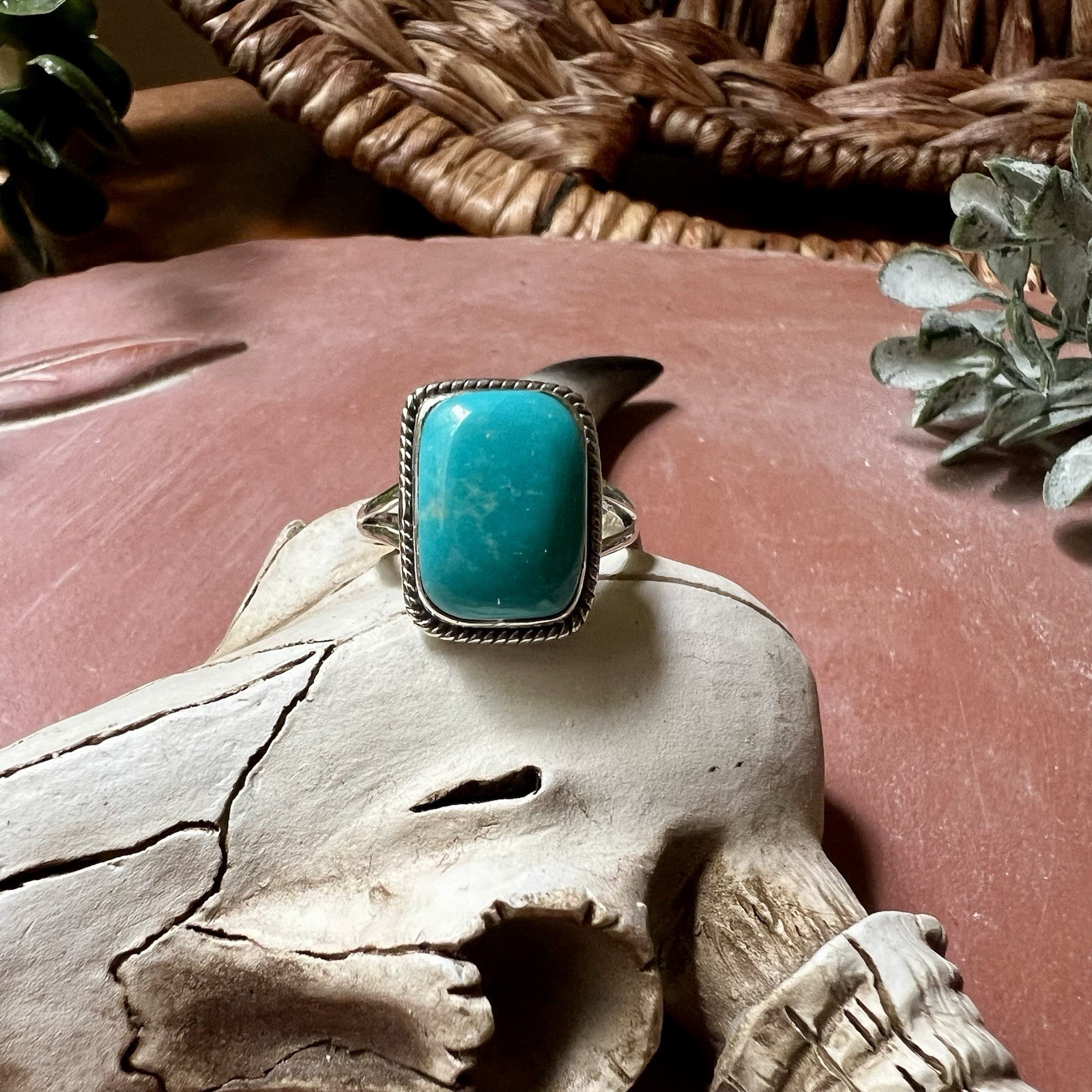 925 Sterling Kingman Turquoise Ring Size 7.25 Rectangular Cabochon