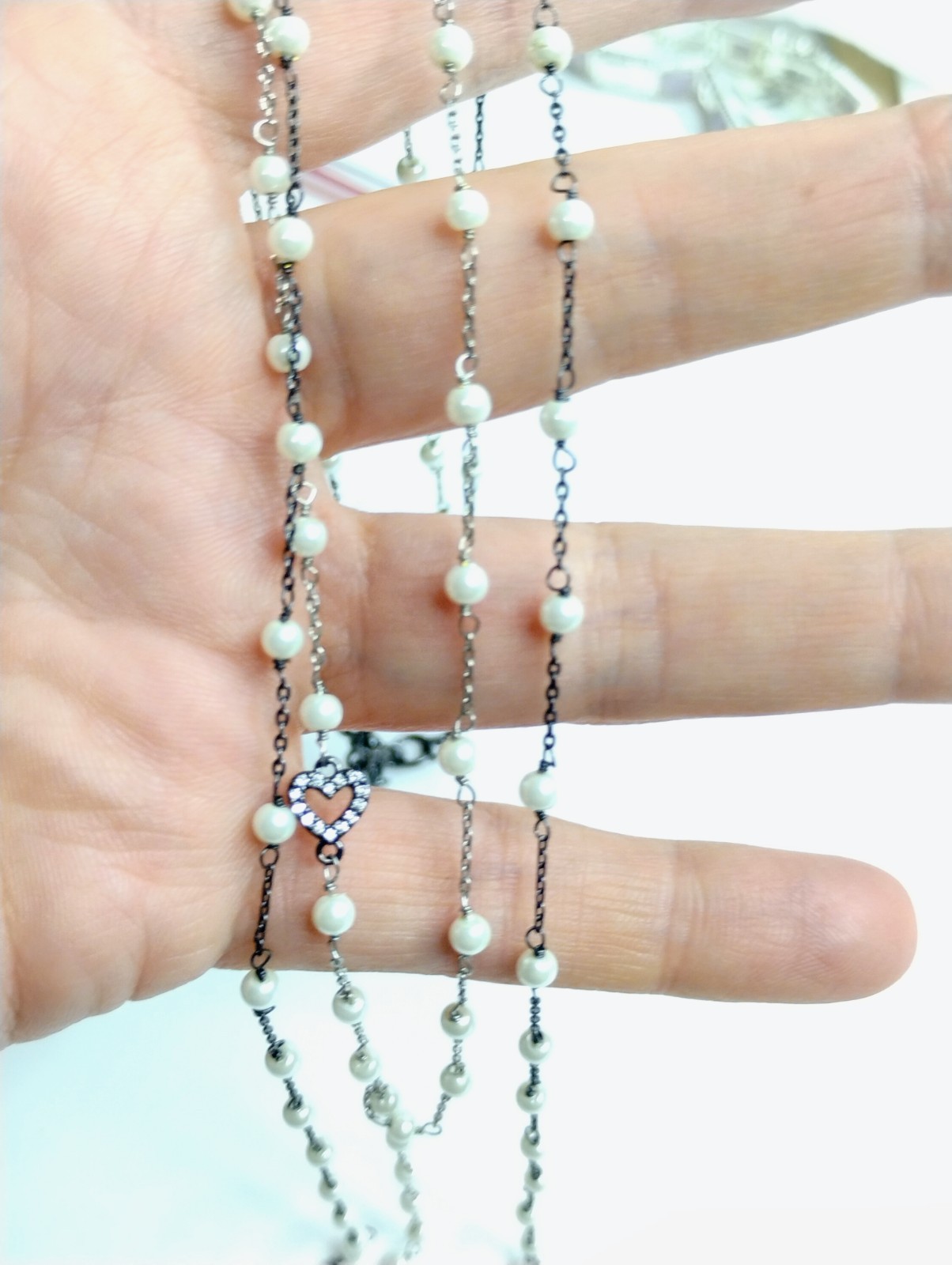 Signed CABI Faux Pearl & Rhinestone Heart Necklace