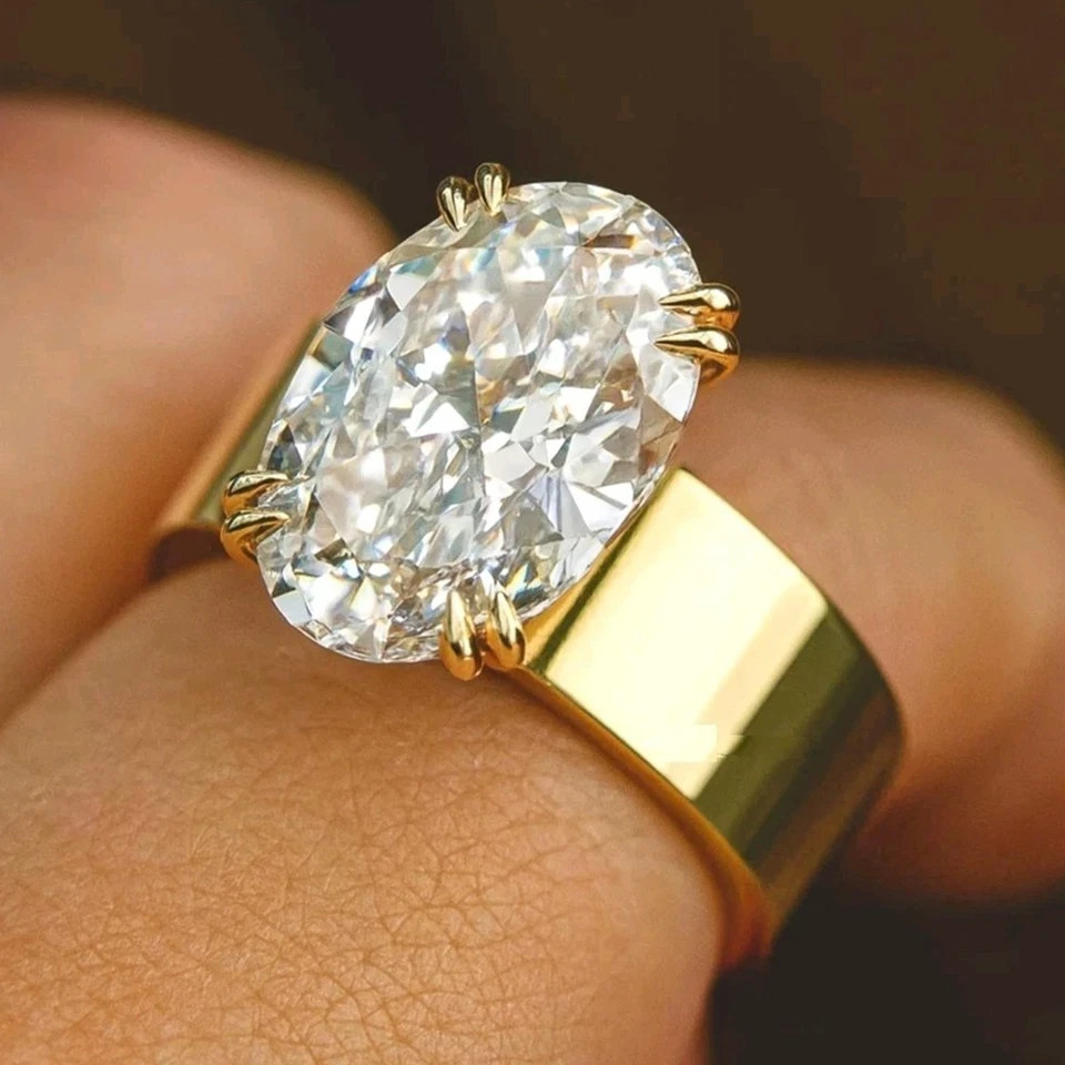 3CT Oval-Cut VVS1 Moissanite Solitaire Engagement Ring 14K Yellow Gold Plated