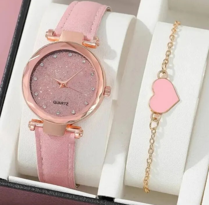 Simple Zinc Alloy Quartz Watch With Round Rhinestone Dial And Pink Love Bracelet