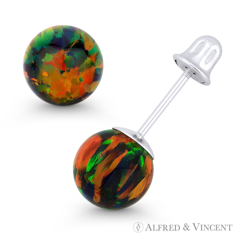 Fiery Black Synthetic Opal Round Ball Screwback Stud Earrings in 14k White Gold