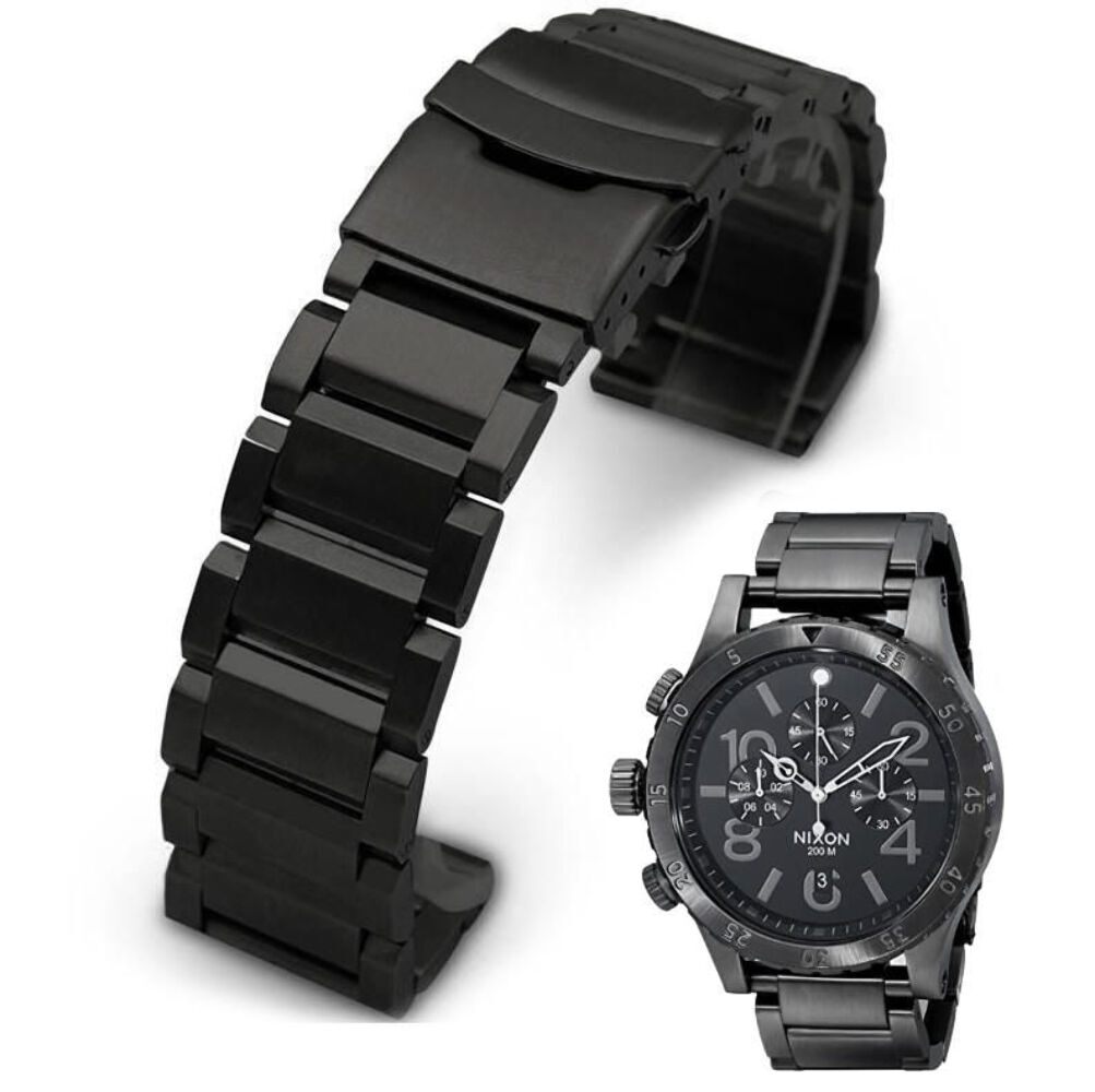 Black Metal Steel Replacement Watch Band Fits Nixon 48-20 Chrono 48mm #5002