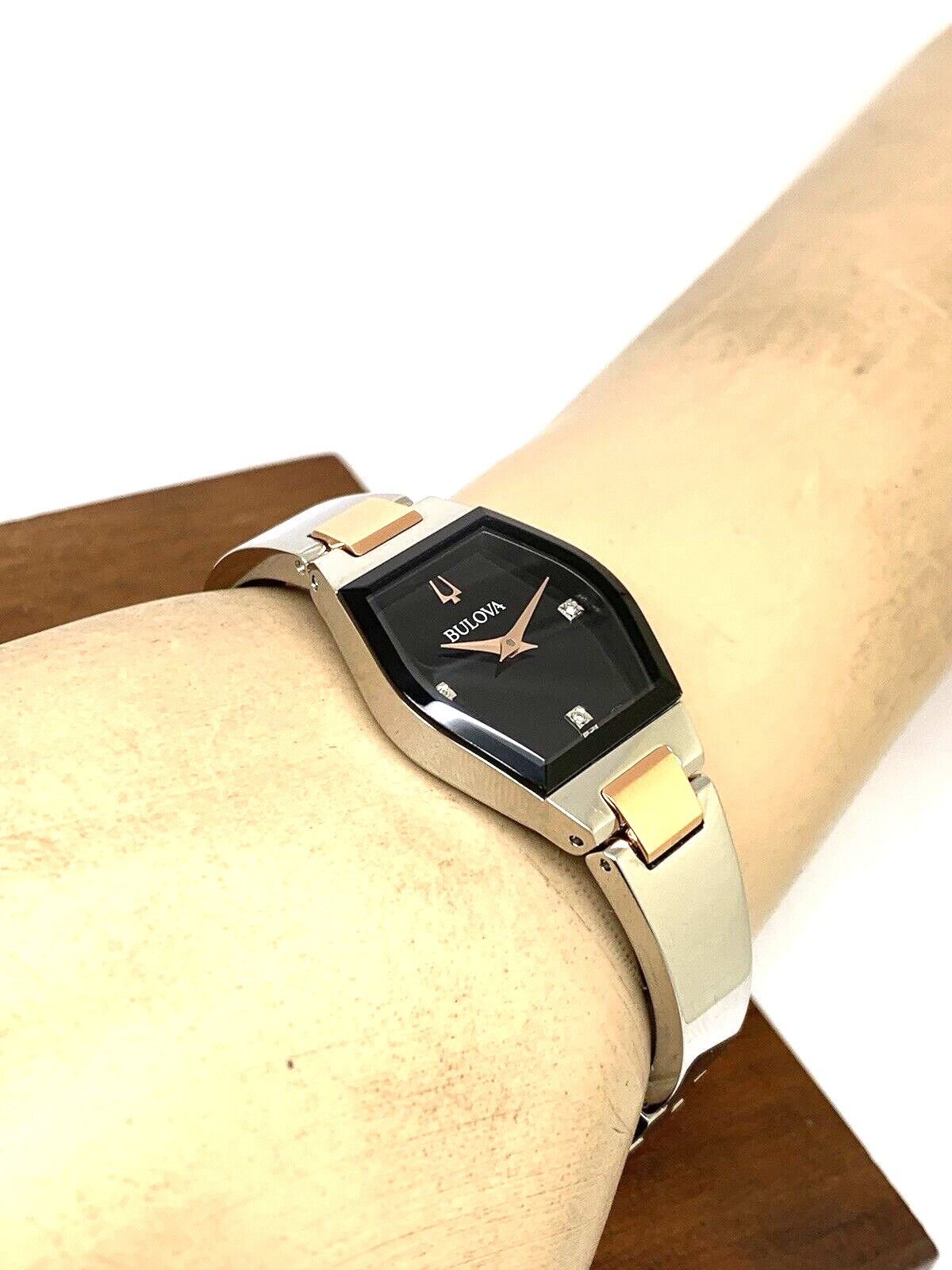 Bulova Womens Watch 98P216 Gemini Diamond Black Dial 2-Tone Quartz Petite 22.5mm