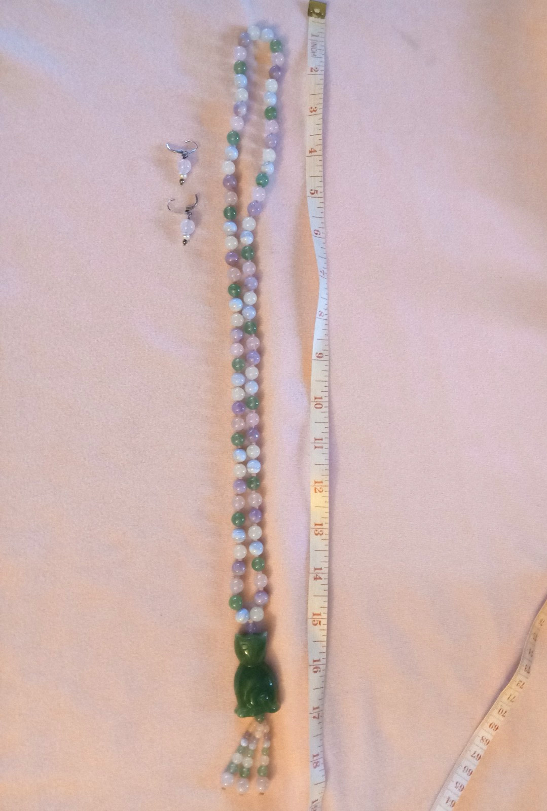 Jade Cat Necklace w Rose White Purple Quartz, Amethyst? Beads 32 In + Earrings