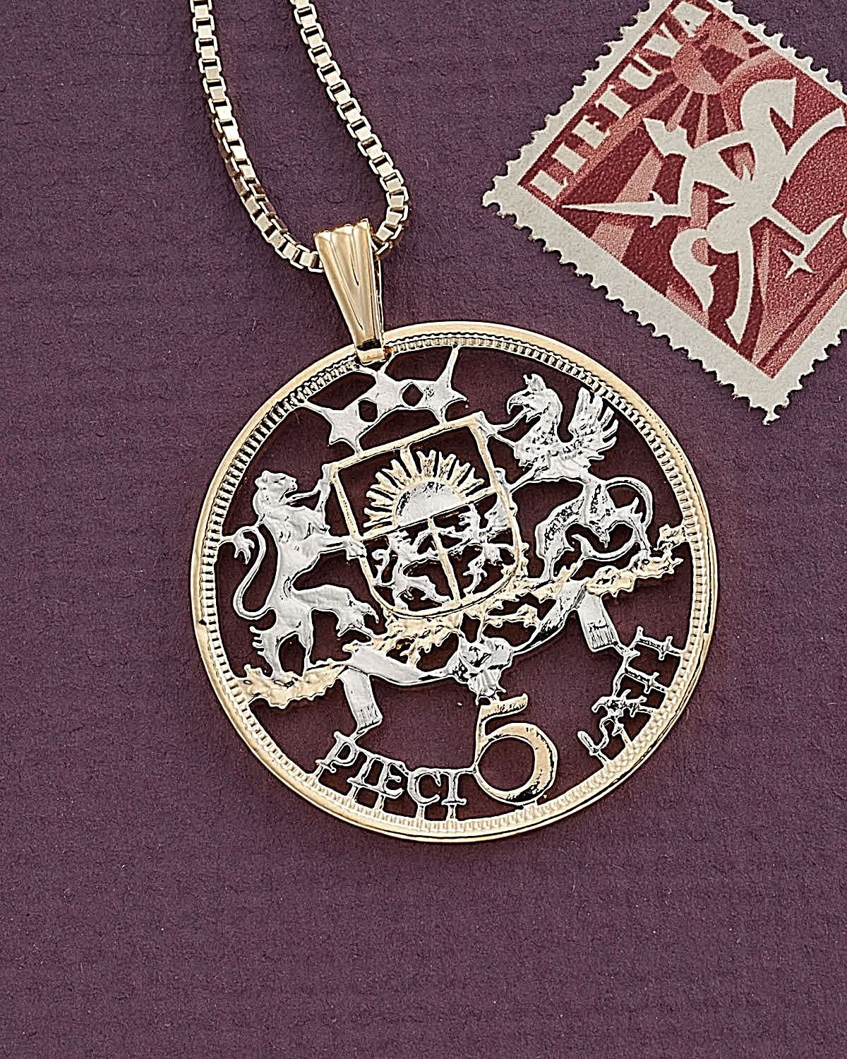 Latvia Royal Seal Coin Pendant & Necklace. Hand cut. 1 – 3/8″ diameter ( # 443 )