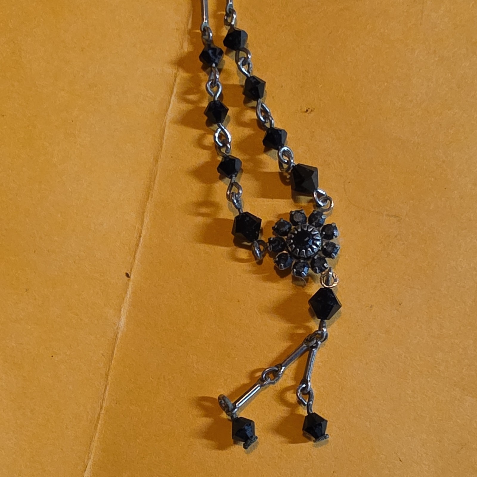 Black Beaded Rosary Chain Necklace Silver Flower Charm Pendant Signed