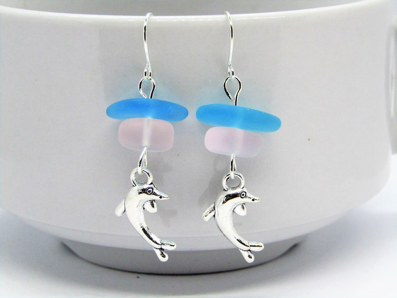 Dolphin Earrings Silver Charm Seaglass Jewelry Gift For Her