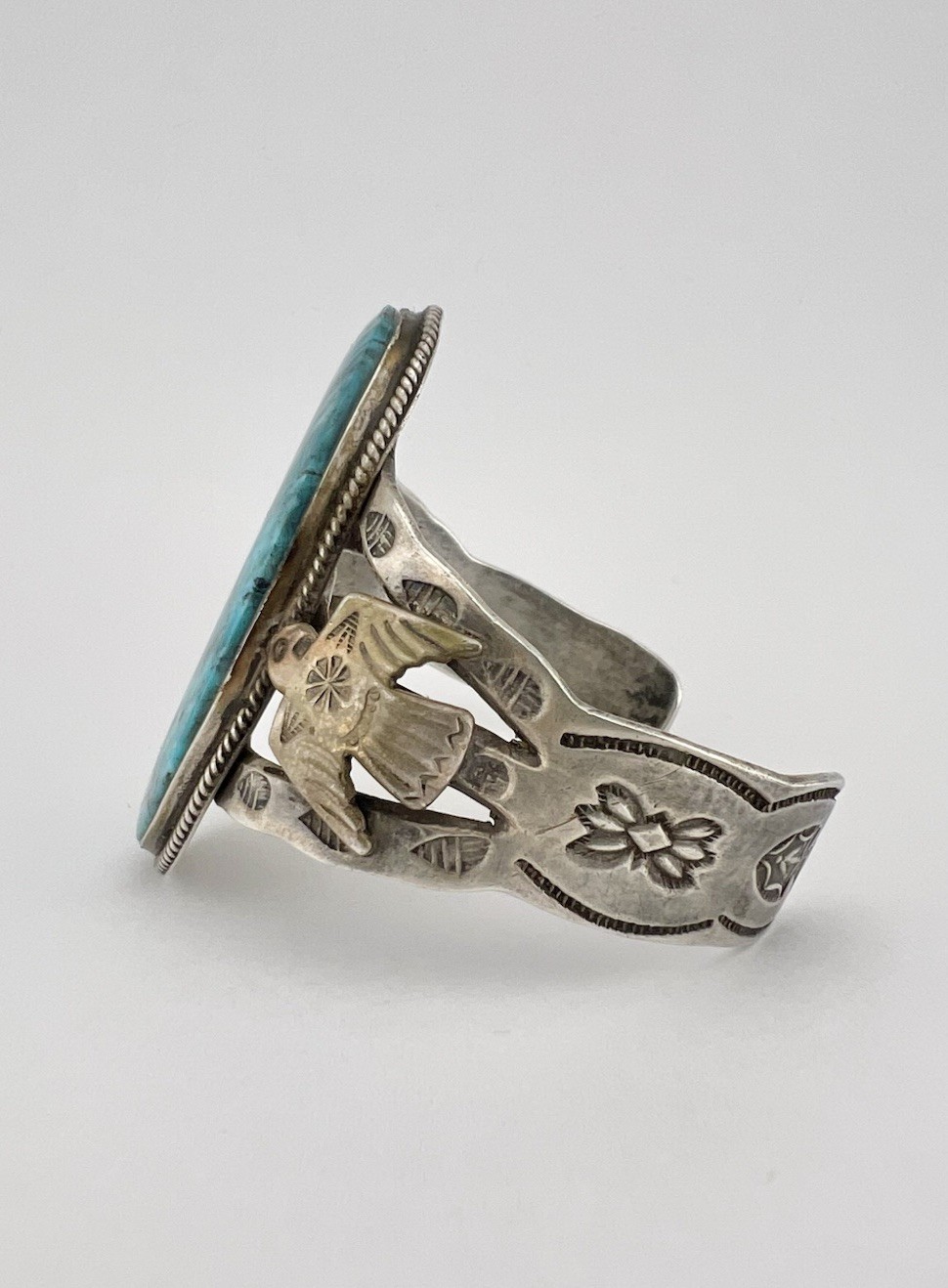 Fred Harvey Navajo Sterling Silver Kingman Turquoise Thunderbird Cuff Bracelet