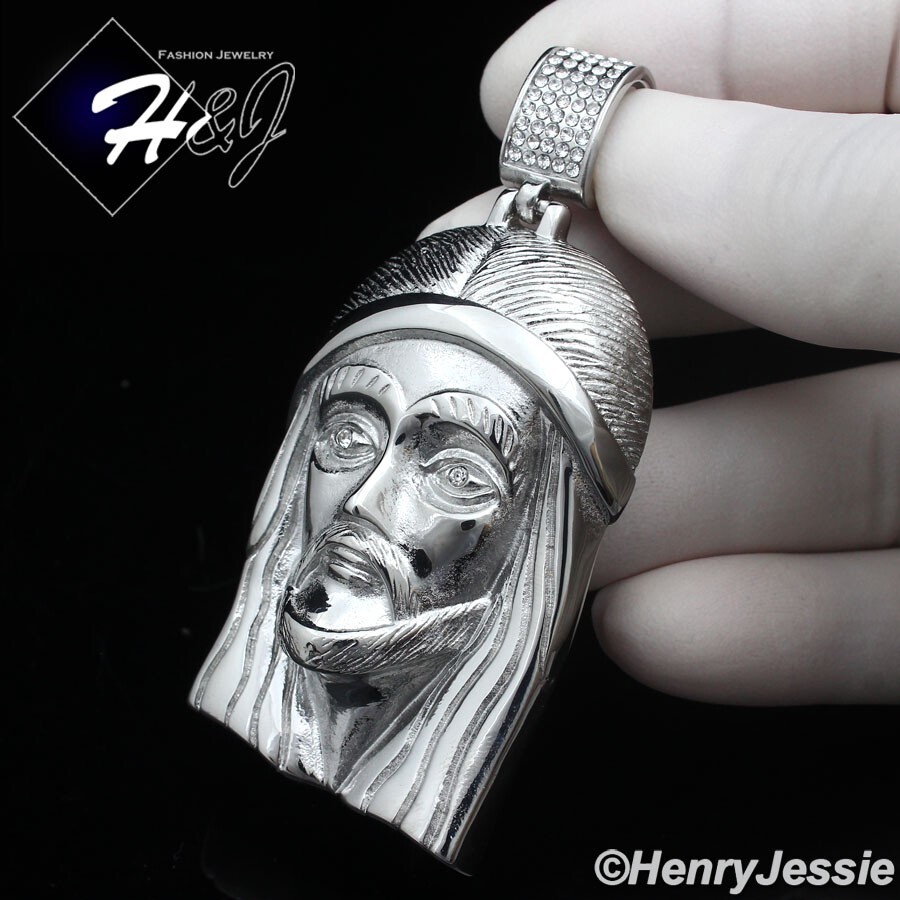 30″MEN Stainless Steel 7mm Silver Box Link Chain BIG ICY CZ Jesus Pendant*IP143