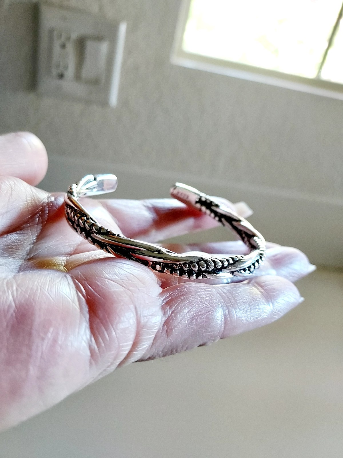 925 Sterling Silver Twisted Rope Open Cuff Bracelet, 6 in, Signed, Silver