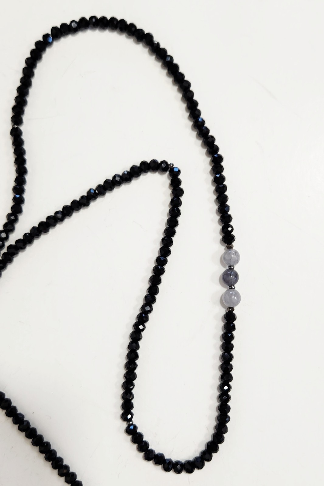 Long Black Crystal Beaded Tassel Lariat Necklace Silver Tone Accents 52″ Flapper